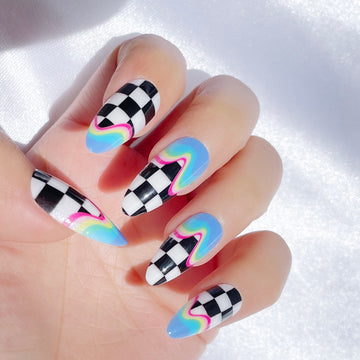 OPOOLA Almond Press on Nails Medium,Football ripple print,OPOOLA Rainbow Jelly Soft Gel Fake Nails for Women Fit Natural,  Stick on Nails Reusable, 24pcs False Nails with Design Glue Art Kit